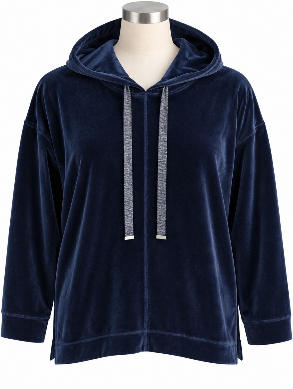 Chicos Zenergy Navy Blue Velour Pullover Hoodie Sweatshirt Tunic Casual Sz 3 -XL